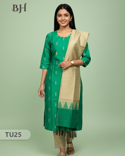 Raw Silk 3-Piece Kurti Set with Cut Work Neck Design in Parrot Green Colour | Full-Length Lined Kurti with Gold Dupatta