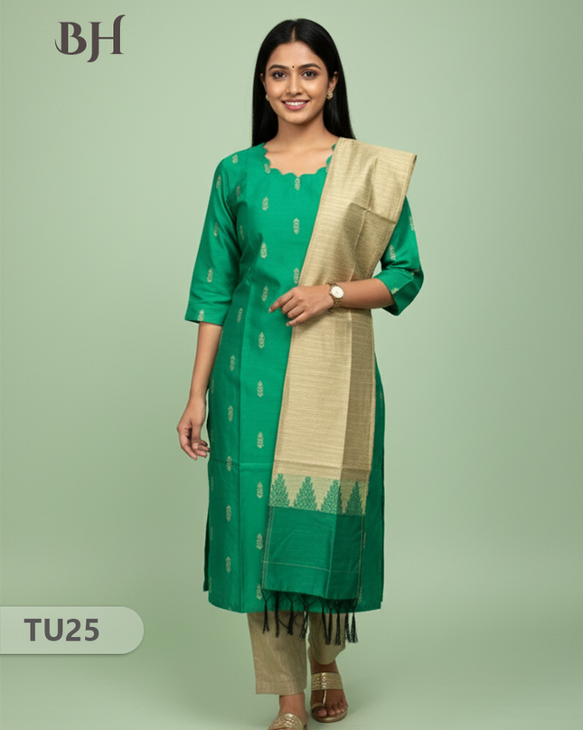 Raw Silk 3-Piece Kurti Set with Cut Work Neck Design in Parrot Green Colour | Full-Length Lined Kurti with Gold Dupatta