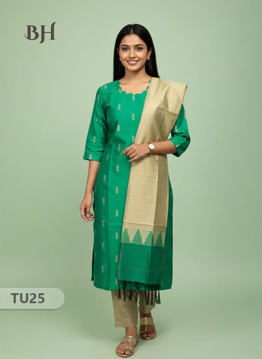 Raw Silk 3-Piece Kurti Set with Cut Work Neck Design in Parrot Green Colour | Full-Length Lined Kurti with Gold Dupatta
