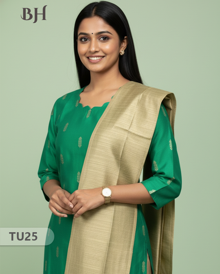 Raw Silk 3-Piece Kurti Set with Cut Work Neck Design in Parrot Green Colour | Full-Length Lined Kurti with Gold Dupatta