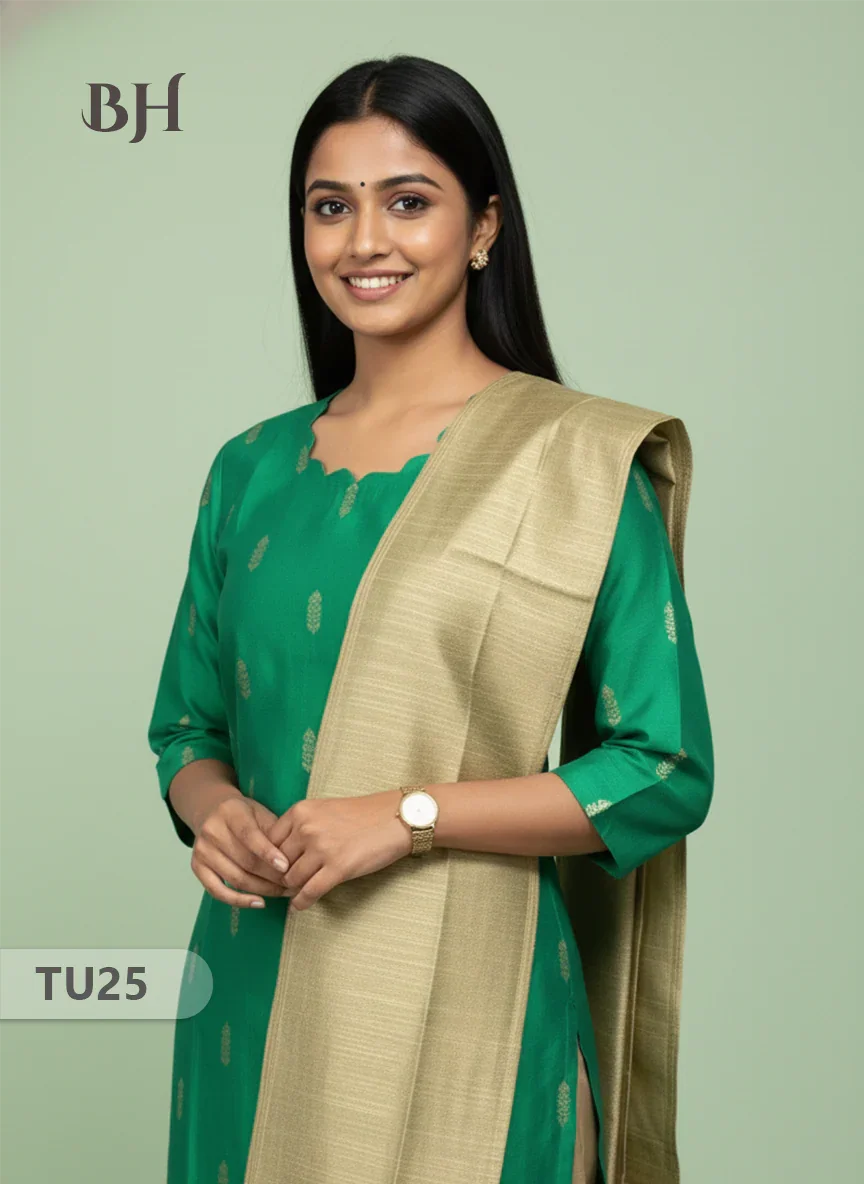 Raw Silk 3-Piece Kurti Set with Cut Work Neck Design in Parrot Green Colour | Full-Length Lined Kurti with Gold Dupatta