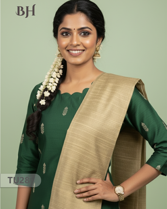 Raw Silk 3-Piece Kurti Set with Cut Work Neck Design in Green Colour | Full-Length Lined Kurti with Gold Dupatta