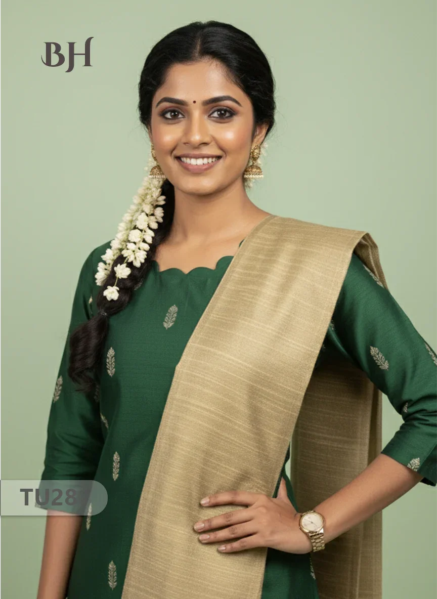 Raw Silk 3-Piece Kurti Set with Cut Work Neck Design in Green Colour | Full-Length Lined Kurti with Gold Dupatta