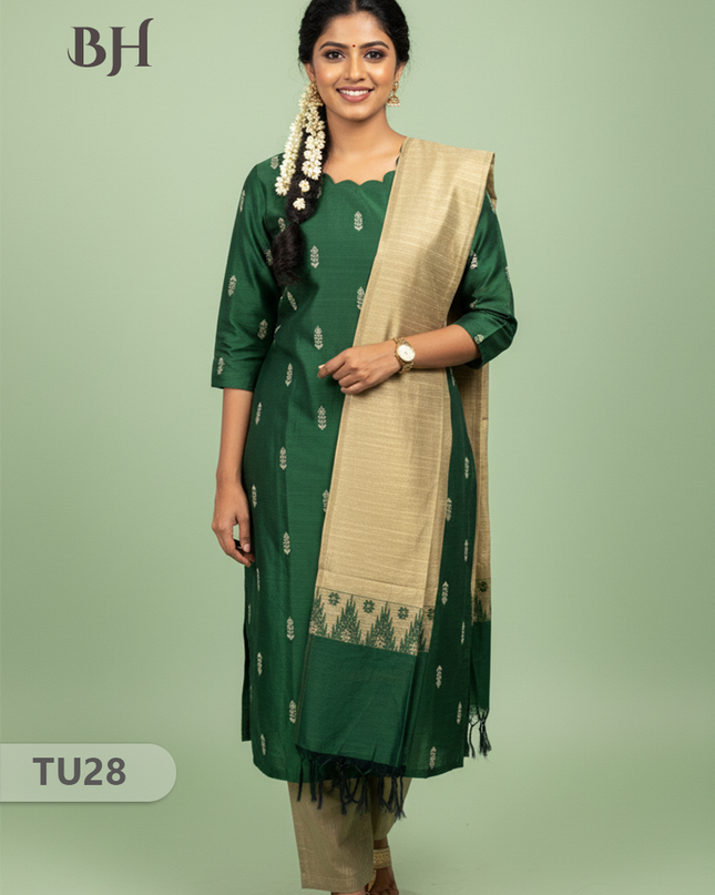 Raw Silk 3-Piece Kurti Set with Cut Work Neck Design in Green Colour | Full-Length Lined Kurti with Gold Dupatta