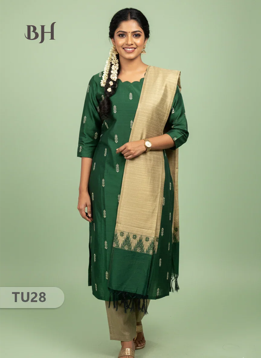 Raw Silk 3-Piece Kurti Set with Cut Work Neck Design in Green Colour | Full-Length Lined Kurti with Gold Dupatta