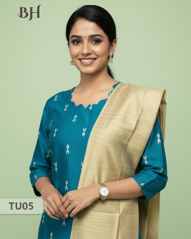 Raw Silk 3-Piece Kurti Set with Cut Work Neck Design in Sea Green Colour | Full-Length Lined Kurti with Gold Dupatta