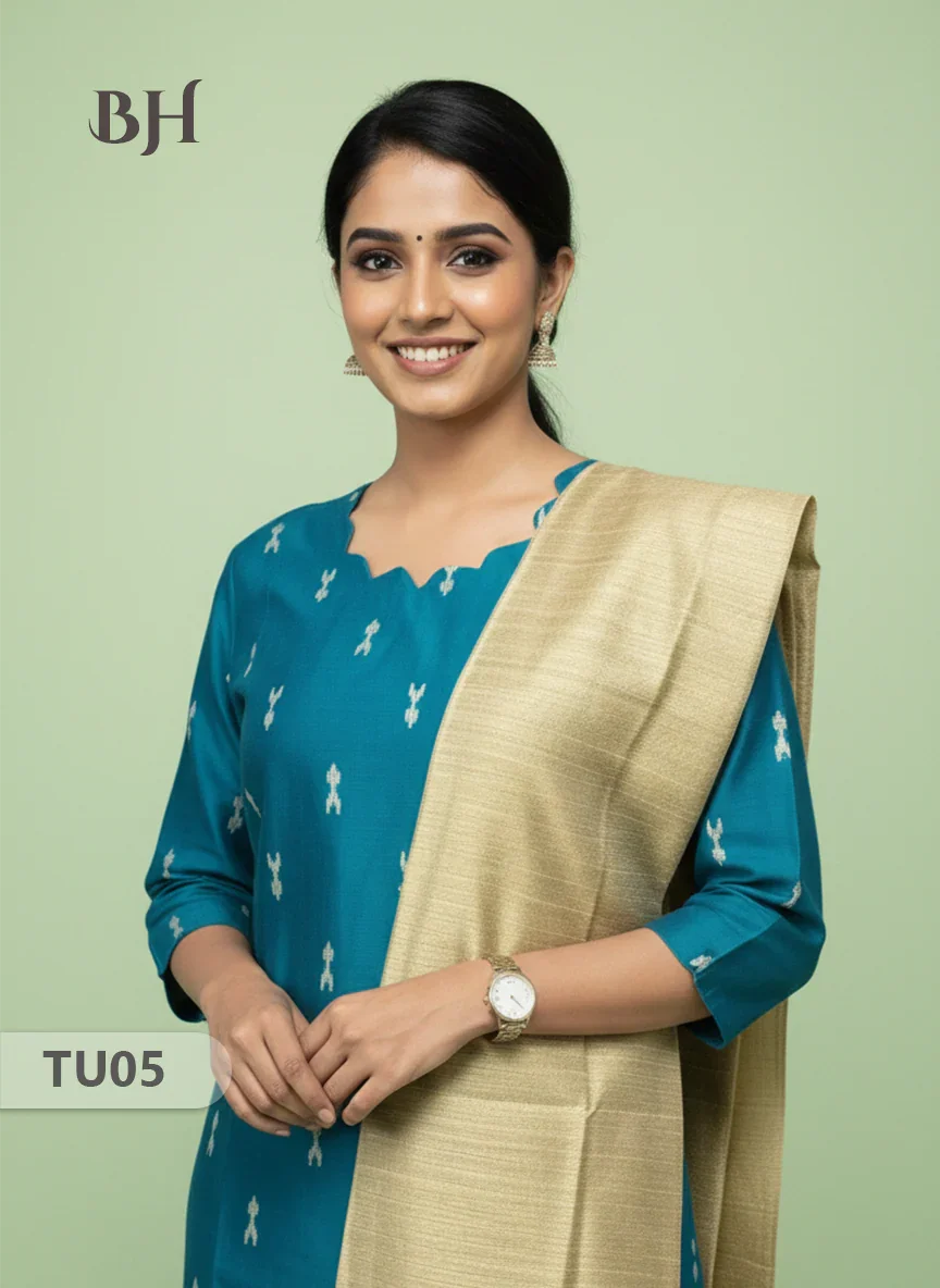 Raw Silk 3-Piece Kurti Set with Cut Work Neck Design in Sea Green Colour | Full-Length Lined Kurti with Gold Dupatta