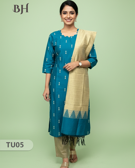 Raw Silk 3-Piece Kurti Set with Cut Work Neck Design in Sea Green Colour | Full-Length Lined Kurti with Gold Dupatta