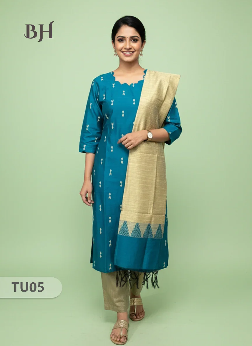 Raw Silk 3-Piece Kurti Set with Cut Work Neck Design in Sea Green Colour | Full-Length Lined Kurti with Gold Dupatta