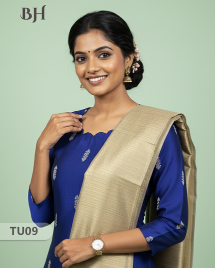 Raw Silk 3-Piece Kurti Set with Cut Work Neck Design in Blue Colour | Full-Length Lined Kurti with Gold Dupatta