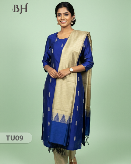 Raw Silk 3-Piece Kurti Set with Cut Work Neck Design in Blue Colour | Full-Length Lined Kurti with Gold Dupatta