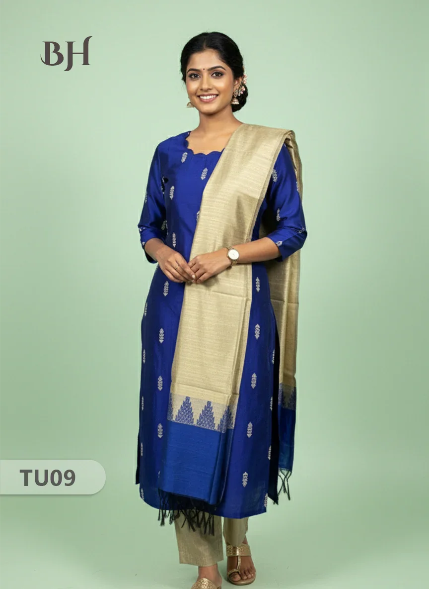 Raw Silk 3-Piece Kurti Set with Cut Work Neck Design in Blue Colour | Full-Length Lined Kurti with Gold Dupatta