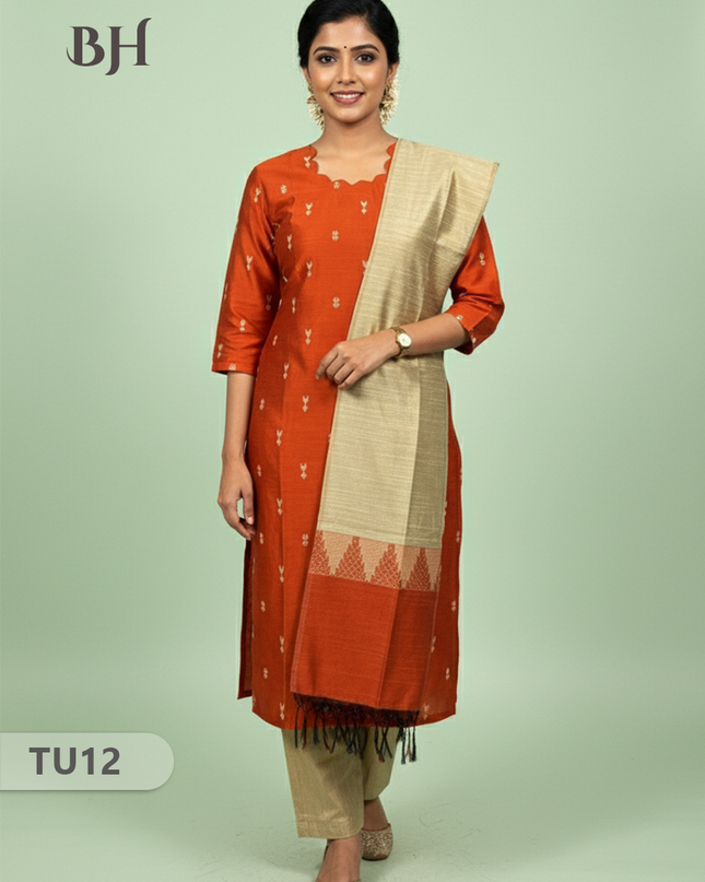 Raw Silk 3-Piece Kurti Set with Cut Work Neck Design in Orange Colour | Full-Length Lined Kurti with Gold Dupatta