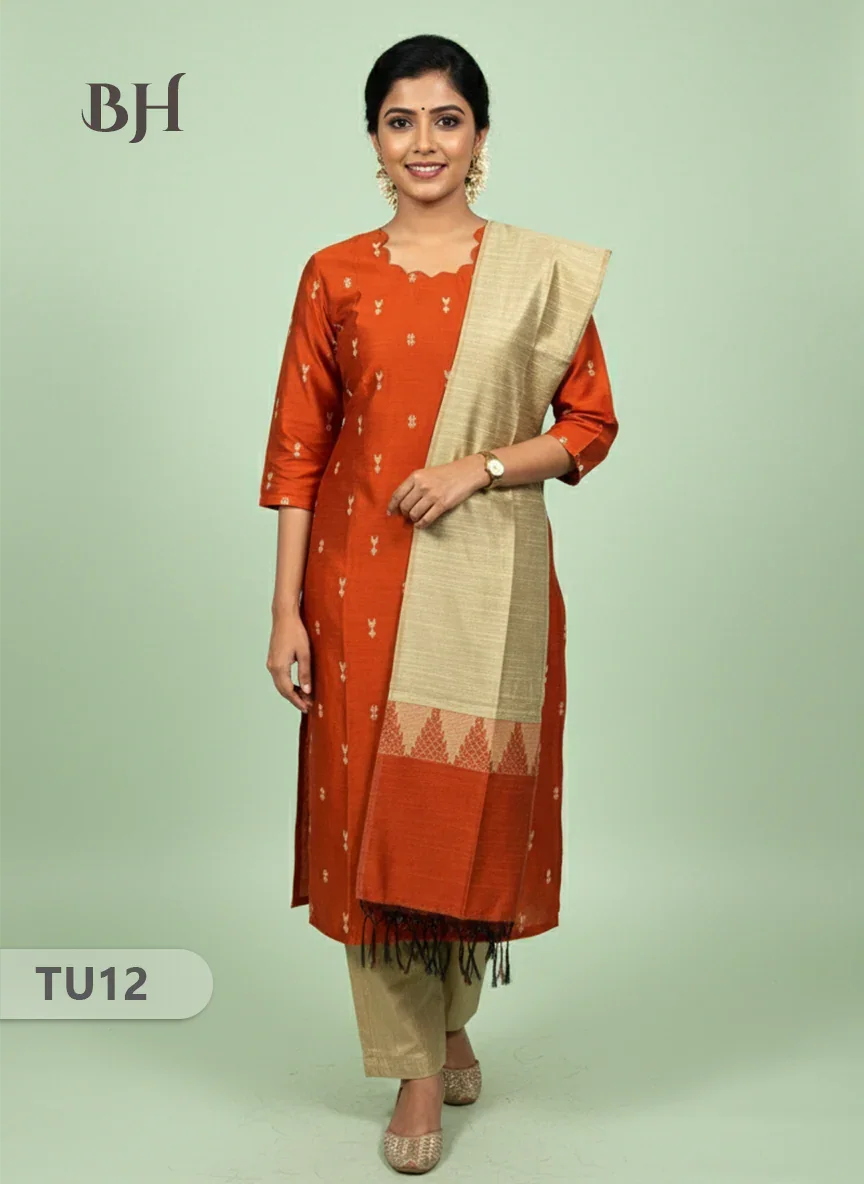 Raw Silk 3-Piece Kurti Set with Cut Work Neck Design in Orange Colour | Full-Length Lined Kurti with Gold Dupatta
