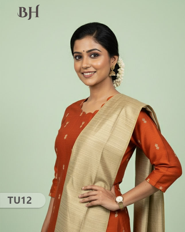 Raw Silk 3-Piece Kurti Set with Cut Work Neck Design in Orange Colour | Full-Length Lined Kurti with Gold Dupatta