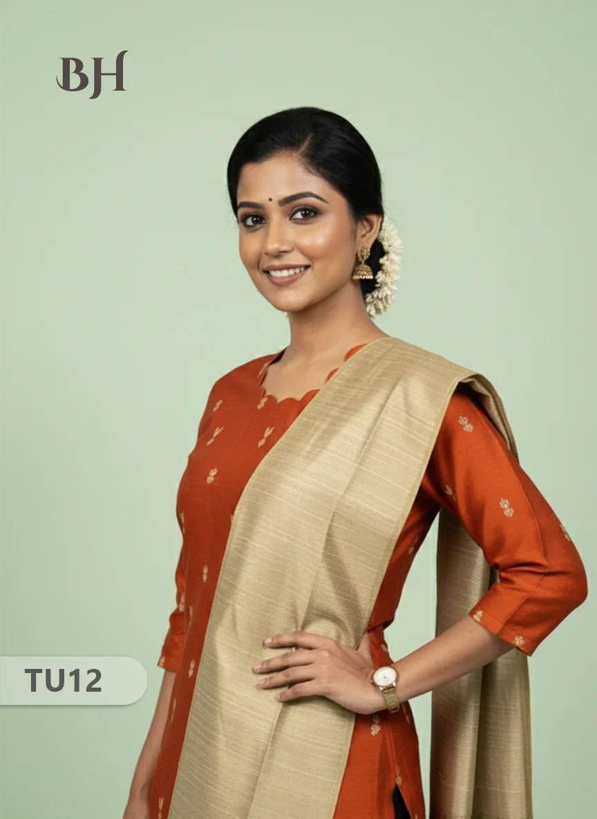 Raw Silk 3-Piece Kurti Set with Cut Work Neck Design in Orange Colour | Full-Length Lined Kurti with Gold Dupatta