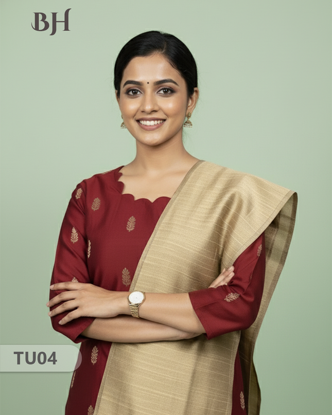 Raw Silk 3-Piece Kurti Set with Cut Work Neck Design in Maroon Colour | Full-Length Lined Kurti with Gold Dupatta