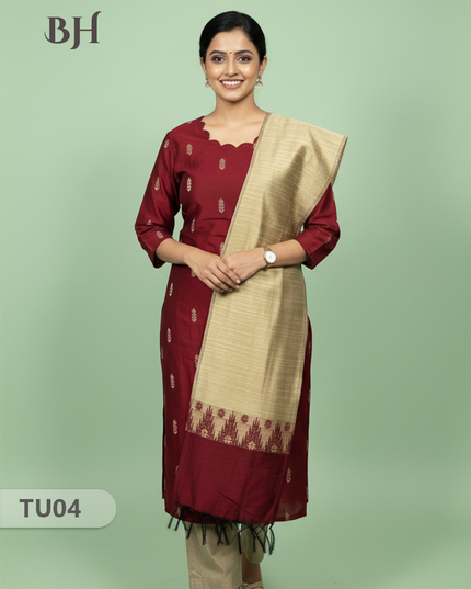 Raw Silk 3-Piece Kurti Set with Cut Work Neck Design in Maroon Colour | Full-Length Lined Kurti with Gold Dupatta