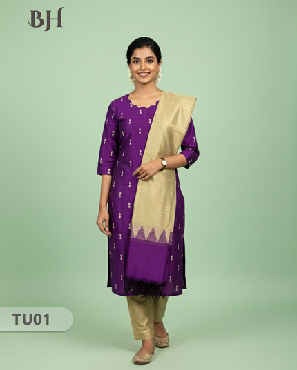Raw Silk 3-Piece Kurti Set with Cut Work Neck Design in Purple Colour | Full-Length Lined Kurti with Gold Dupatta