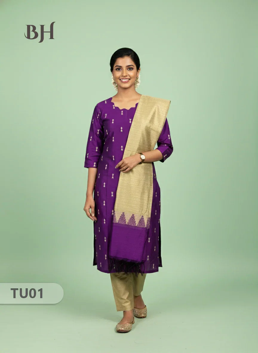 Raw Silk 3-Piece Kurti Set with Cut Work Neck Design in Purple Colour | Full-Length Lined Kurti with Gold Dupatta