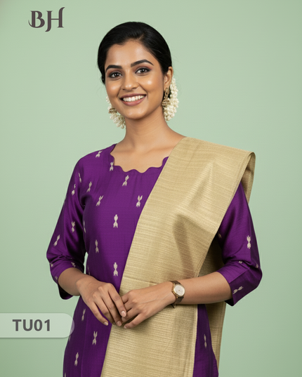 Raw Silk 3-Piece Kurti Set with Cut Work Neck Design in Purple Colour | Full-Length Lined Kurti with Gold Dupatta