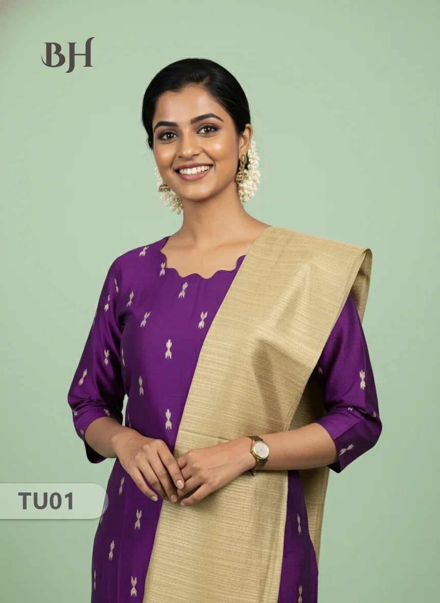 Raw Silk 3-Piece Kurti Set with Cut Work Neck Design in Purple Colour | Full-Length Lined Kurti with Gold Dupatta