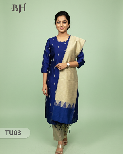 Raw Silk 3-Piece Kurti Set with Cut Work Neck Design in Blue Colour | Full-Length Lined Kurti with Gold Dupatta