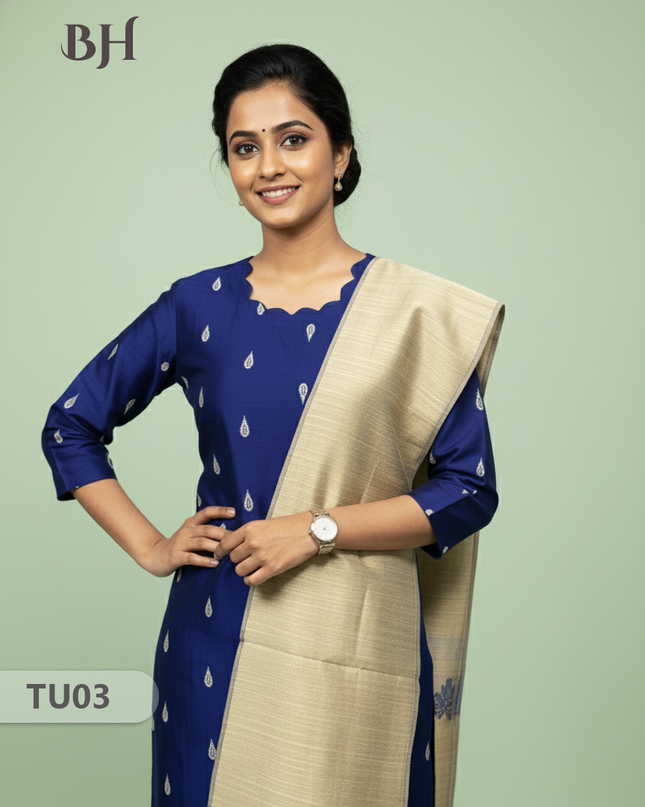 Raw Silk 3-Piece Kurti Set with Cut Work Neck Design in Blue Colour | Full-Length Lined Kurti with Gold Dupatta