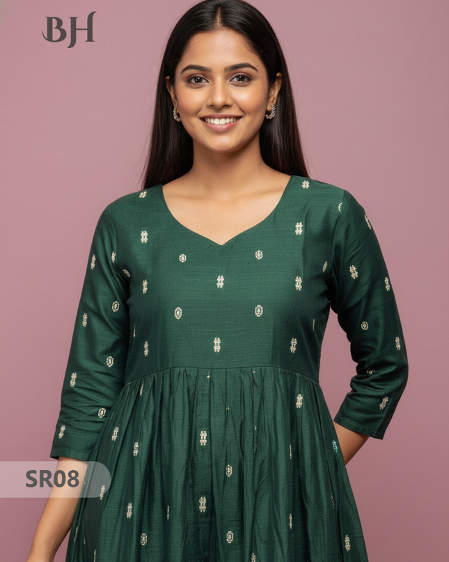 Raw Silk Frock with Full Length Lining | Dark Green Colour