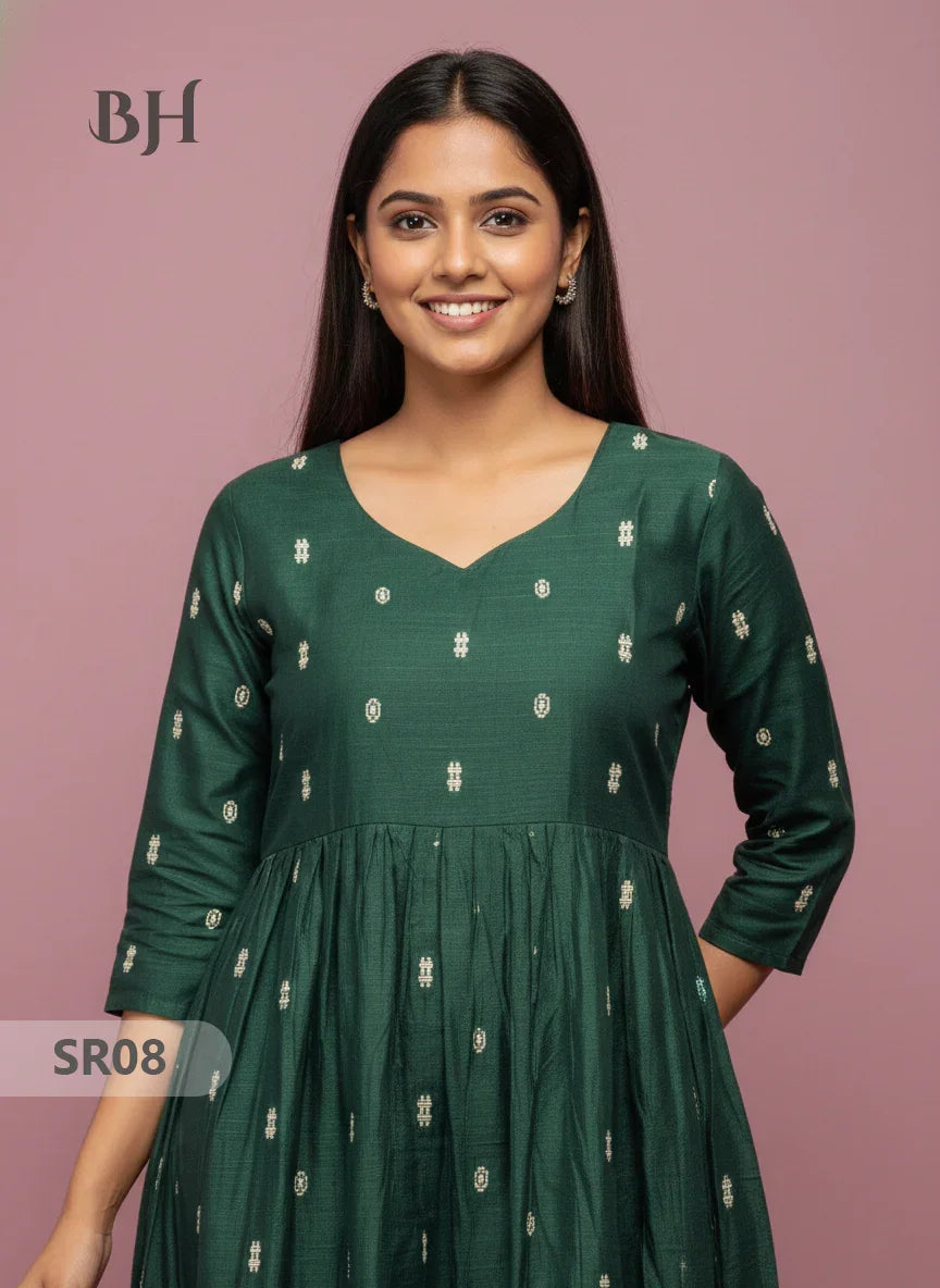 Raw Silk Frock with Full Length Lining | Dark Green Colour