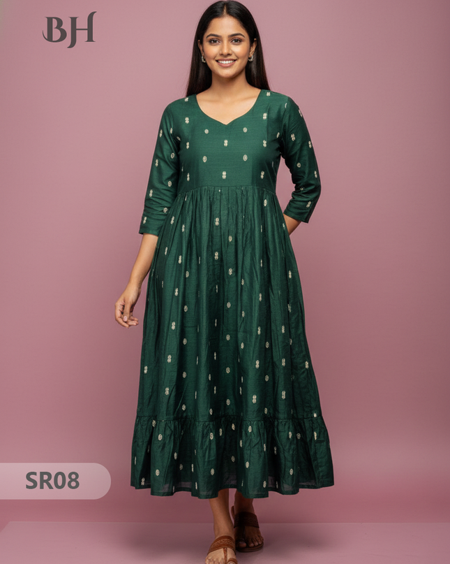 Raw Silk Frock with Full Length Lining | Dark Green Colour