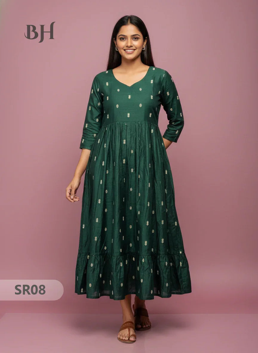 Raw Silk Frock with Full Length Lining | Dark Green Colour