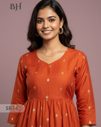Raw Silk Frock with Full Length Lining | Orange Colour