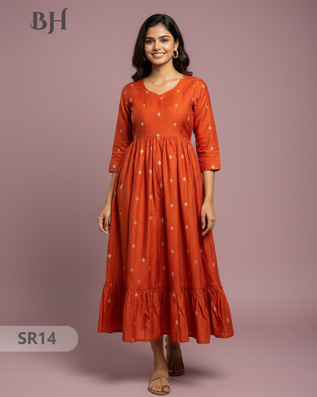 Raw Silk Frock with Full Length Lining | Orange Colour