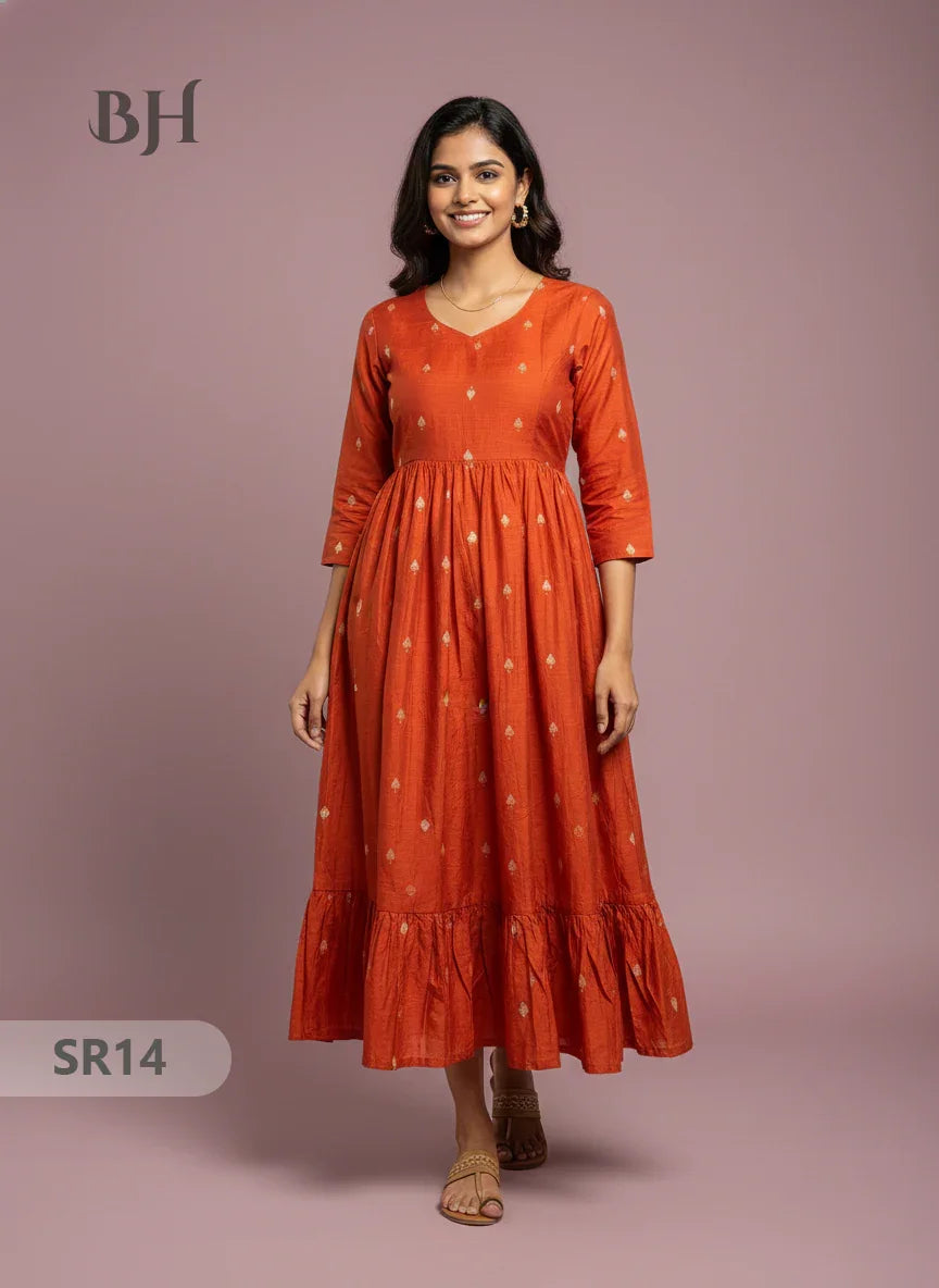 Raw Silk Frock with Full Length Lining | Orange Colour