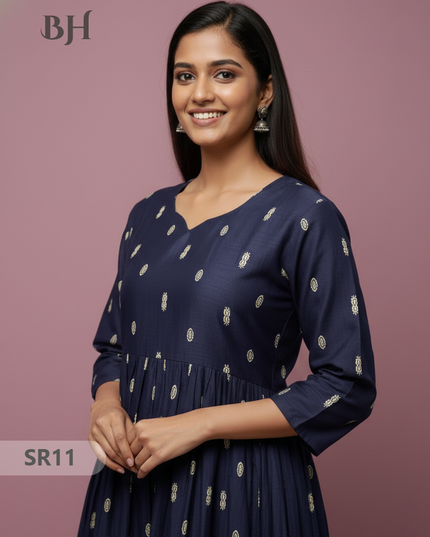 Raw Silk Frock with Full Length Lining | Navy Blue Colour