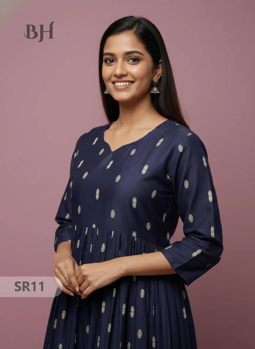 Raw Silk Frock with Full Length Lining | Navy Blue Colour
