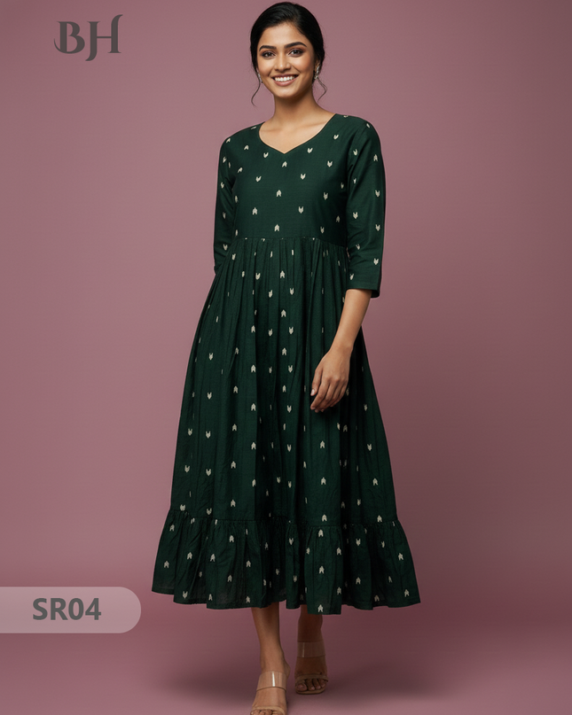 Raw Silk Frock with Full Length Lining | Dark Green Colour