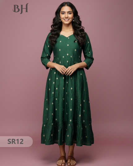 Raw Silk Frock with Full Length Lining | Dark Green Colour