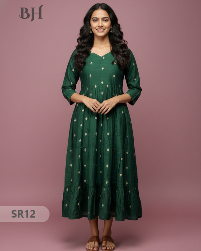 Raw Silk Frock with Full Length Lining | Dark Green Colour