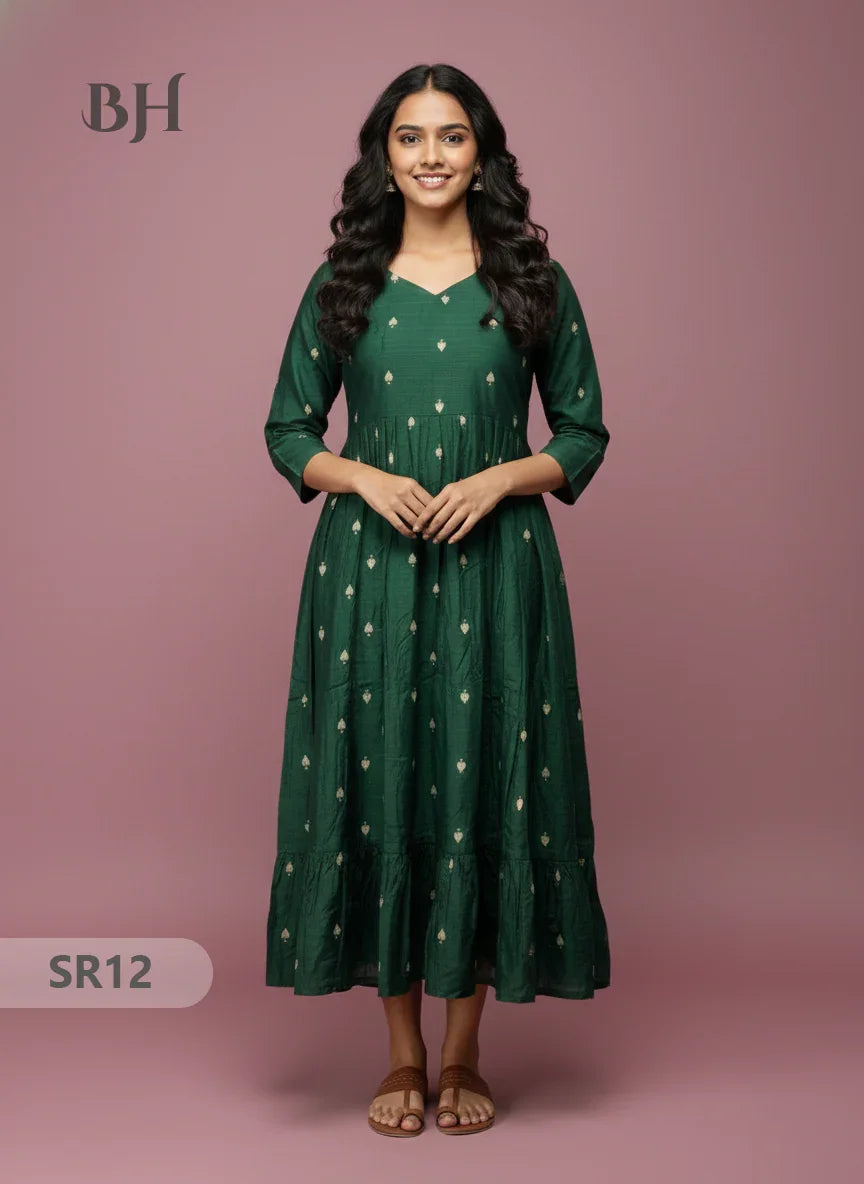 Raw Silk Frock with Full Length Lining | Dark Green Colour