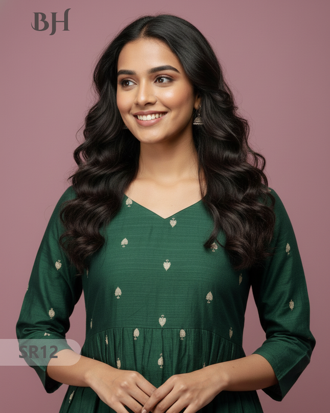 Raw Silk Frock with Full Length Lining | Dark Green Colour