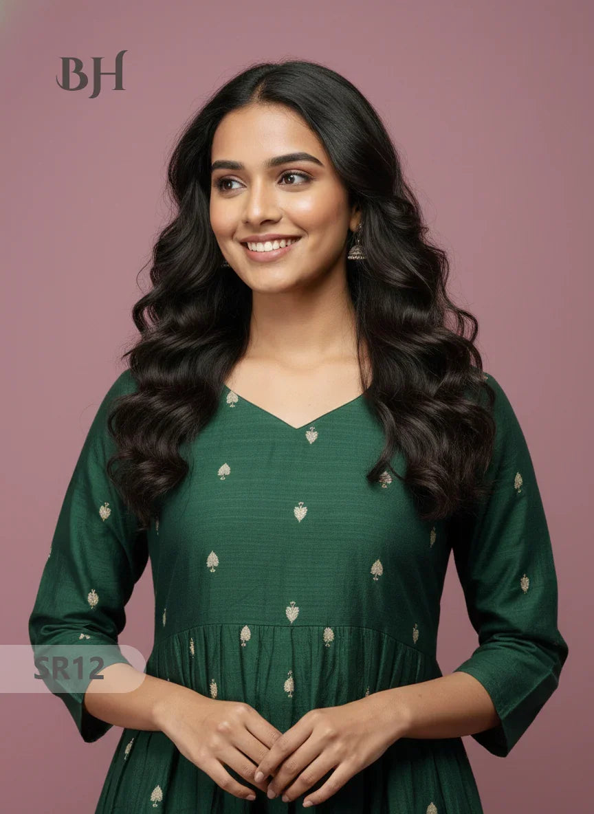 Raw Silk Frock with Full Length Lining | Dark Green Colour