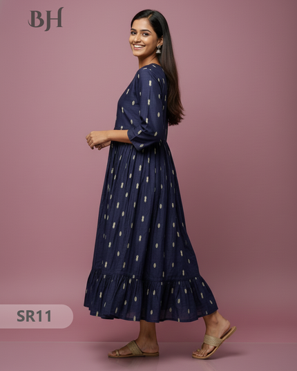 Raw Silk Frock with Full Length Lining | Navy Blue Colour