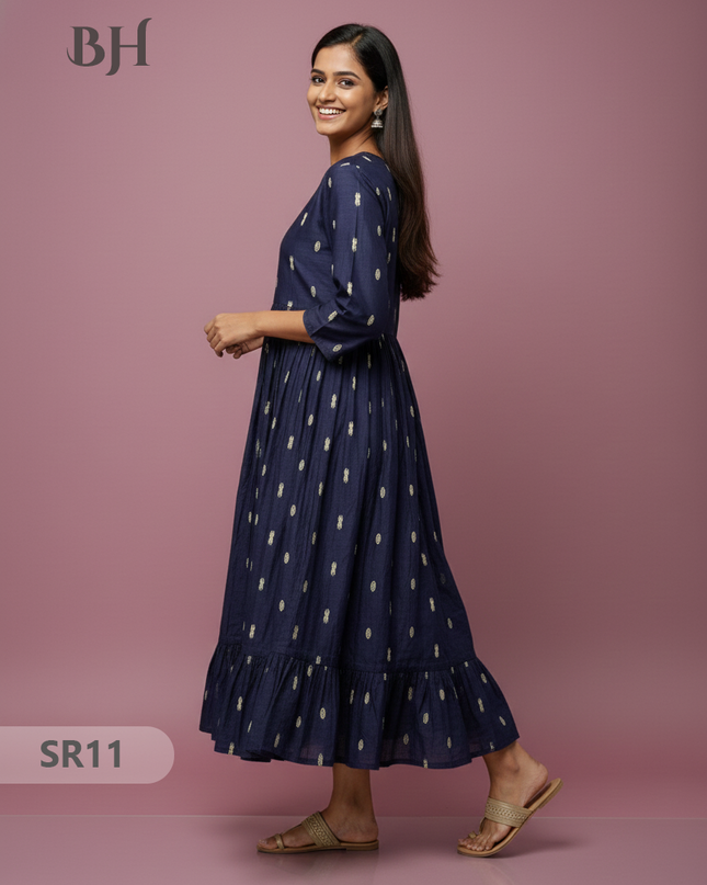 Raw Silk Frock with Full Length Lining | Navy Blue Colour
