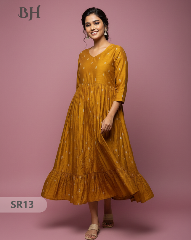 Raw Silk Frock with Full Length Lining | Gold Yellow Colour