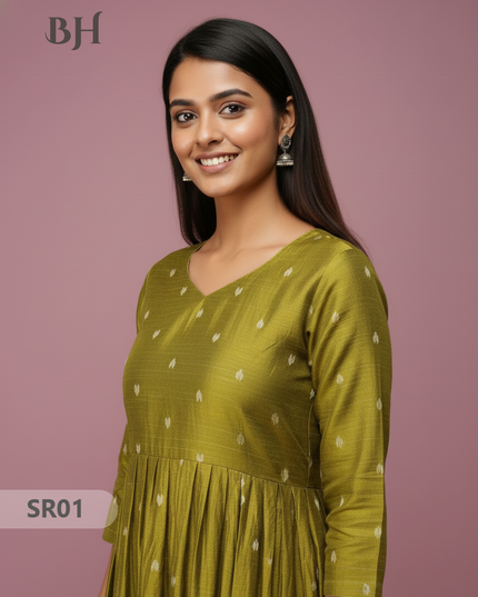Raw Silk Frock with Full Length Lining | Light Green Colour