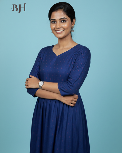 Raw Silk Frock with Full Length Lining | Dark Blue Colour