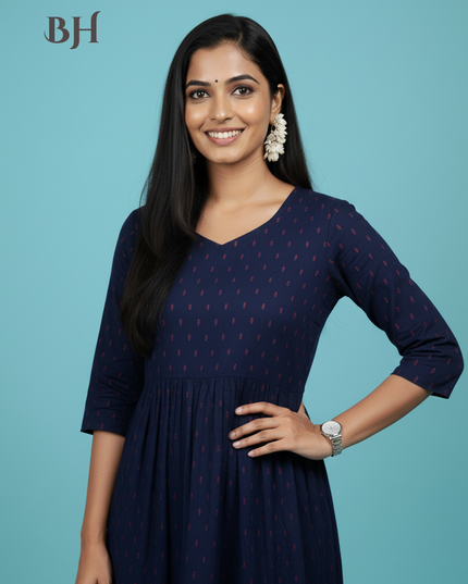 Raw Silk Frock with Full Length Lining | Navy Blue Colour