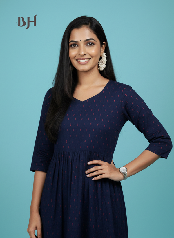 Raw Silk Frock with Full Length Lining | Navy Blue Colour